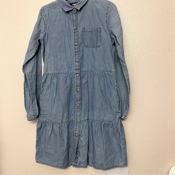 Lands End denim chambray blue button up tiered long sleeve dress uniform L 14 - Picture 1 of 8
